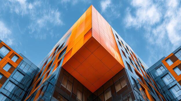 moderno vistoso edificio con geométrico diseño en contra azul cielo foto