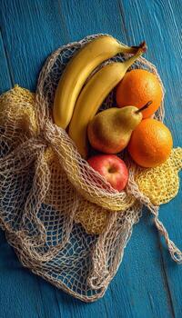 Fresh assorted fruits including bananas, oranges, pear, and apple in a mesh bag on a vibrant blue wooden surface photo