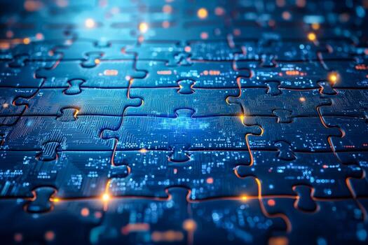 Digital circuit puzzle with glowing interconnected pieces and circuit patterns photo