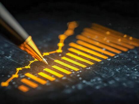 un digital financiero grafico siendo analizado con un aguja en un futurista pantalla, exhibiendo datos tendencias y patrones en avanzado datos visualización tecnología foto