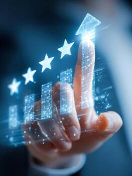 Digital business growth analysis showing increasing performance metrics with a futuristic holographic interface and star ratings for success evaluation photo
