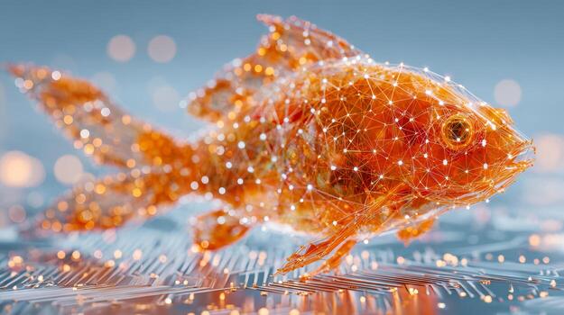 digital transformación de un pez de colores dentro un futurista datos red visualización foto