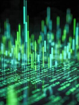 Digital data visualization with glowing green and blue 3d bar graphs and code snippets representing advanced technological analysis and information processing systems photo