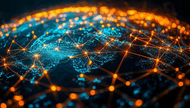 Abstract digital globe with interconnected glowing data points and network lines in vibrant blue and orange colors photo