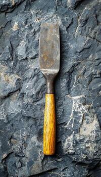 Rustic chisel with wooden handle on dark stone surface photo