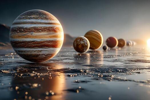 Array of planets in space with Jupiter-like planet in the foreground and a glowing sunset in the background photo