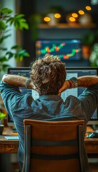 Man analyzing stock market data on dual computer screens with trading charts in the background photo