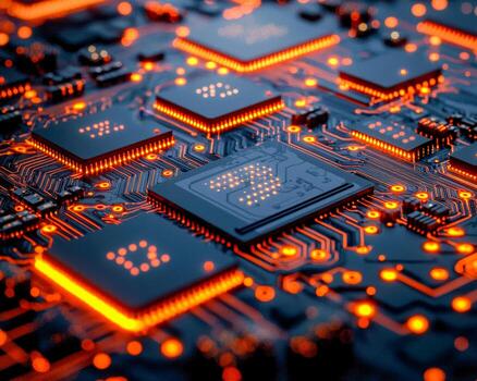 de cerca de iluminado computadora circuito tablero con brillante microchips y electrónico componentes foto