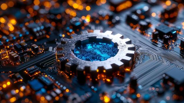 Close-up of a futuristic microchip with glowing circuitry and digital elements photo