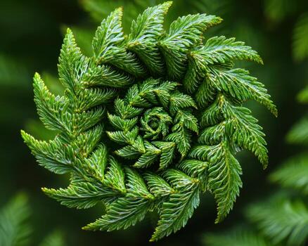 Close-up of a vibrant green fern frond showing a spiral growth pattern photo
