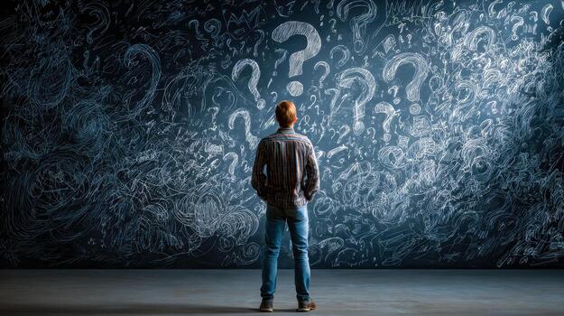 hombre en pie en frente de un pizarra lleno con pregunta marcas y resumen bocetos, contemplando preguntas o ideas foto