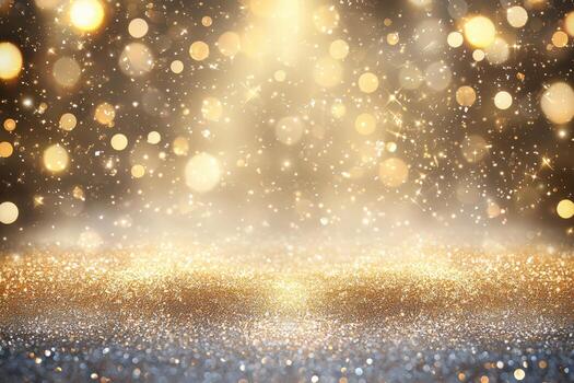 Gold glitter and bokeh lights celebration background with sparkles and glowing effects photo