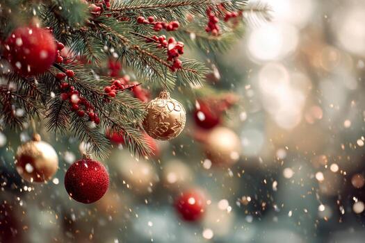 Festive pine tree branches adorned with red berries and sparkling red and gold ornaments with a soft glowing background and falling snow creating a warm holiday atmosphere photo