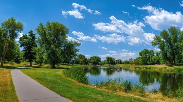 Scenic park with walking trail and lake under a bright blue sky with fluffy clouds photo
