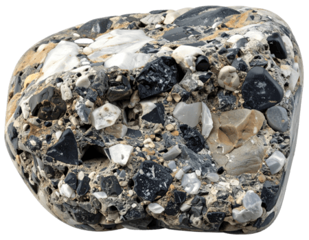 conglomerato è un' a grana grossa sedimentario roccia composto di arrotondato frammenti incorporato nel un' matrice di cementare Materiale isolato su trasparente sfondo png