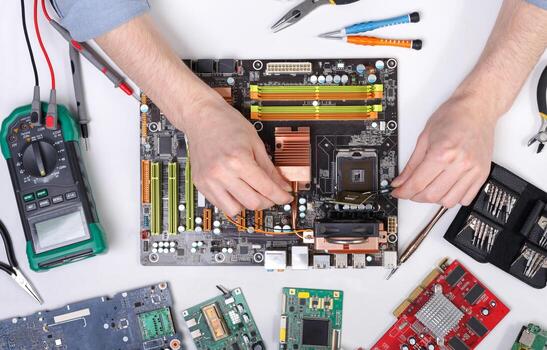 Computer upgrade of motherboard in service center top view. Technician plug in CPU microprocessor. Technology maintenance, electronics repair shop concept photo