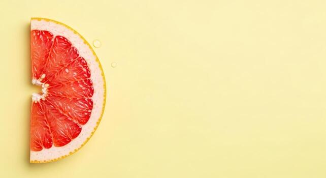 Bright pink grapefruit segment on a pale yellow background creating copy space photo