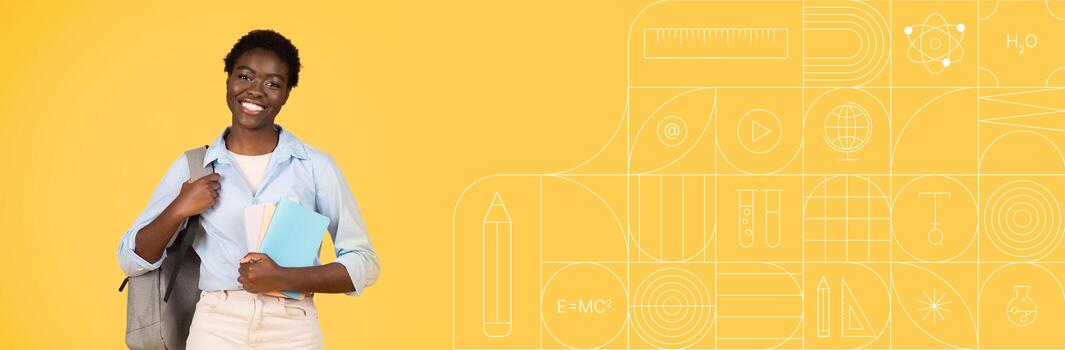 A smiling student stands with a backpack and study materials in a colorful setting. The background is vibrant and suitable for educational purposes, offering an inviting atmosphere for learning. photo