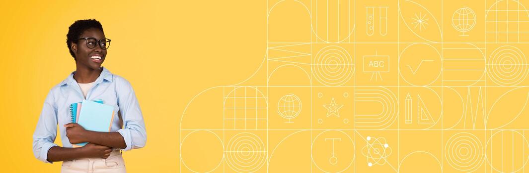 African American student stands confidently with books in hand, smiling while looking towards the side. The background features a bright, cheerful color, emphasizing a positive learning atmosphere. photo