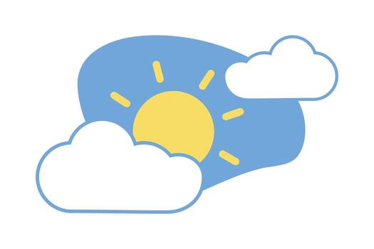 Sun peeking out from fluffy Clouds. Part curve Shape. Cloudy Sky on blue background. Weather. Image for forecast app, Climate infographic. Isolate. Flat simple minimalistic design. illustration vector
