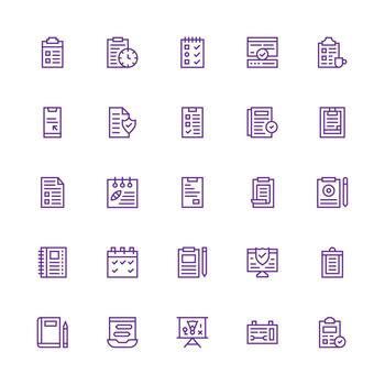 A set of purple line icons that include a calendar, a clock, and a calendar vector