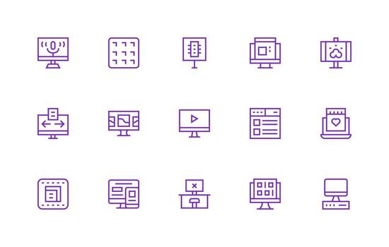un conjunto de púrpura línea íconos ese incluir un computadora, teléfono, y otro artículos vector
