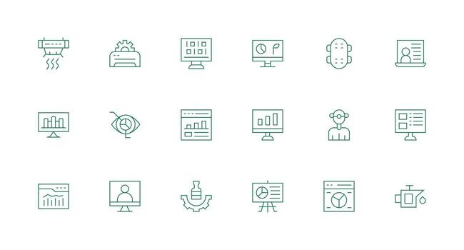 un conjunto de verde línea íconos ese incluir un computadora, teléfono, y otro artículos vector