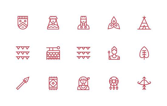 A set of red line icons that include various symbols vector