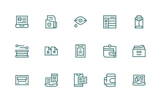un conjunto de verde línea íconos ese incluir un teléfono, un libro, y un computadora vector
