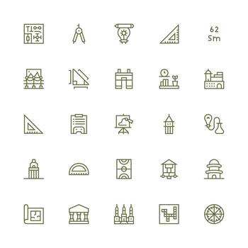 A set of green line icons that include buildings, buildings, and other objects vector