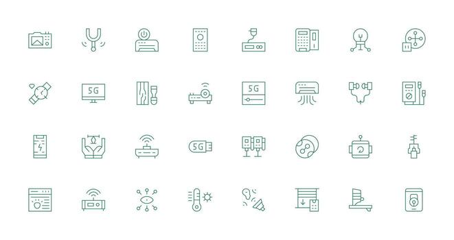 un conjunto de verde línea íconos ese incluir un computadora, un teléfono, y un computadora vector