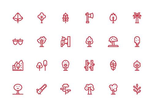 A set of red line icons that include trees, plants and other objects vector