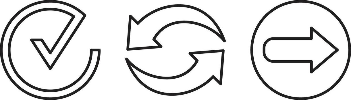 Checkmark Refresh and Forward Icons in Black Outline on White Background vector