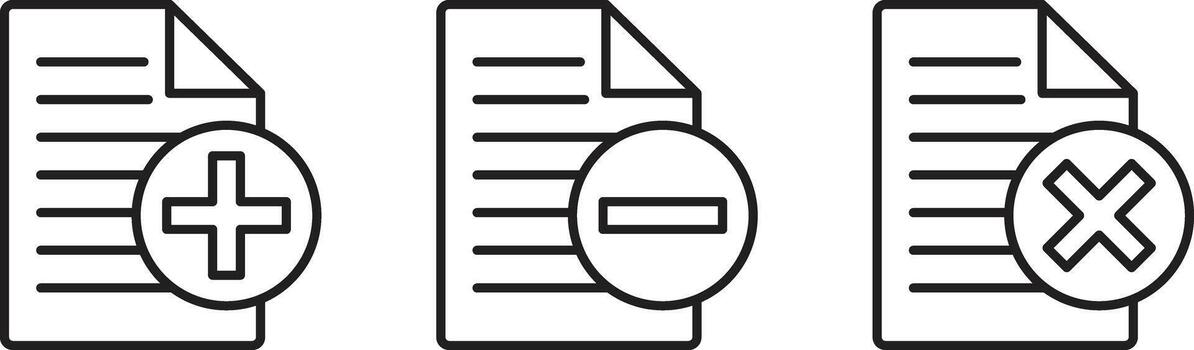 Document Actions Add Subtract and Remove Icons in Outline Style vector