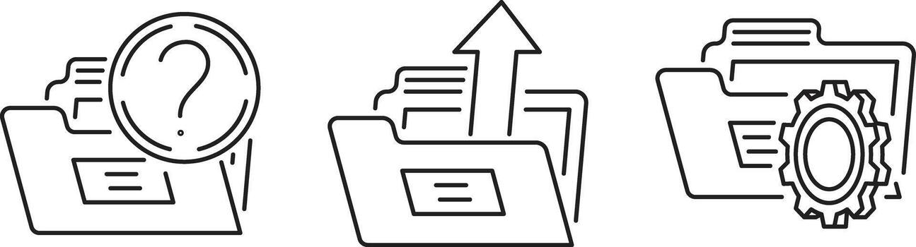 carpeta íconos representando preguntas subiendo y ajustes en un sencillo línea Arte estilo vector