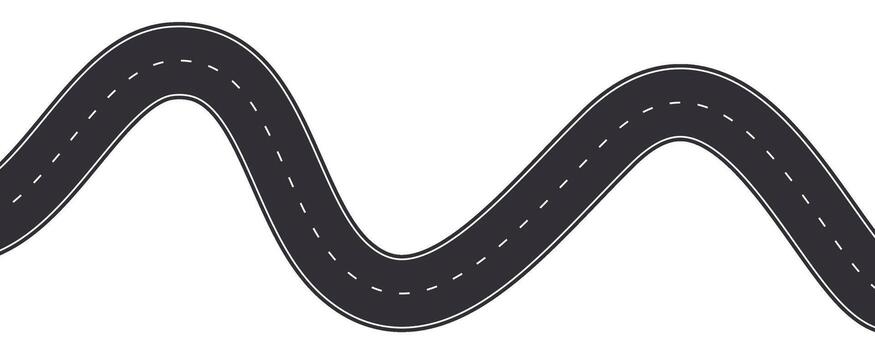 Winding road top view, highway curve path. Empty horizontal way, map. Asphalt wavy road template, game, design element. vector
