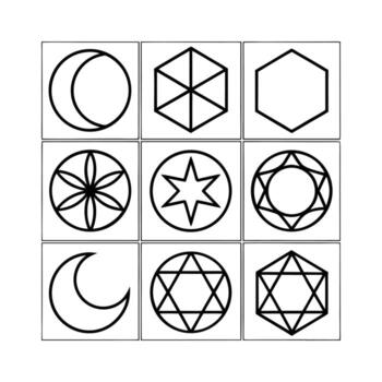 Set of 9 Geometric Shapes Circle, Star, Triangle, Crescent Minimal Line Icons vector