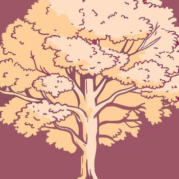 A majestic illustration of a large, stylized tree, showcasing its intricate network of branches and foliage. vector