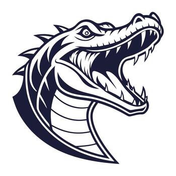 A bold graphic image of an alligator's head showcases sharp teeth and a fierce expression. Capturing its power and predatory nature through the use of clean lines and striking contrast. vector