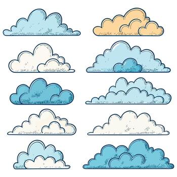 Collection of decorative clouds in different styles, blue and beige outlined sky elements for weather, background, and design illustration vector