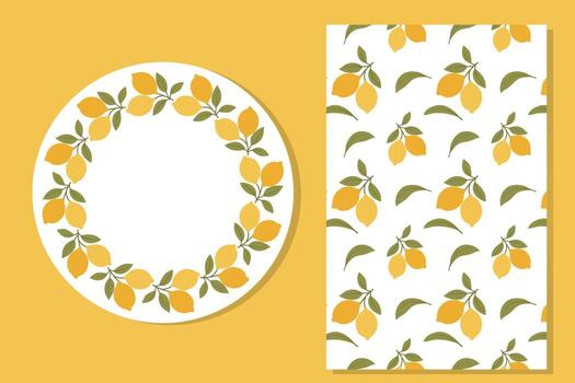 Flat style lemon frame and seamless pattern with green leaves on white background. Fresh summer citrus design for cards, invitations, wrapping and decoration. vector