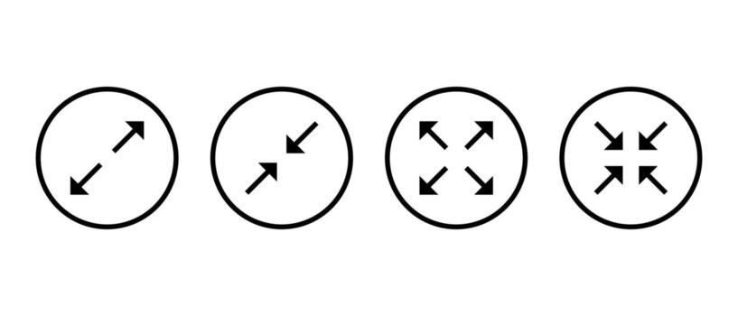 Expand and collapse arrow icon set. Full screen and Exit fullscreen symbol in circular outline vector
