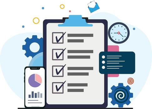 Checklist and smartphone with data charts vector