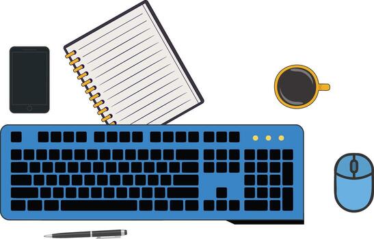 mínimo oficina escritorio con teclado cuaderno y café taza vector
