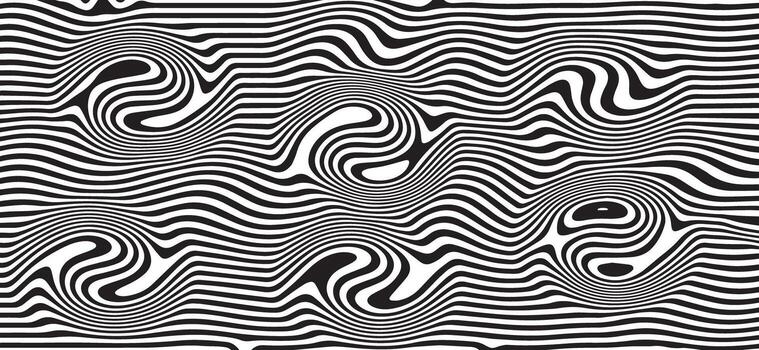 Black and white wavy lines background with liquify Effect. Pattern with optical illusion. Abstract Background of rippled, wavy lines. Wavy texture. vector
