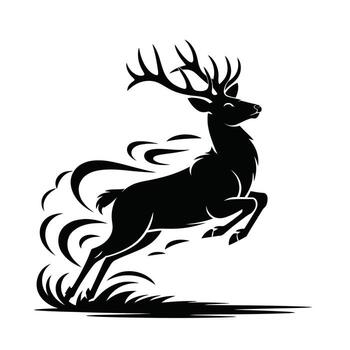 Dynamic Deer Silhouette Illustration Black Design Featuring a Stag Jumping with Energy and Motion in a Grassy Field with Clouds vector