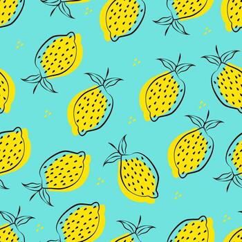 sin costura modelo de mano dibujado limón ilustraciones con negro contorno y amarillo llenar en un azul antecedentes. Perfecto para textil, tela, envase, o antecedentes. vector