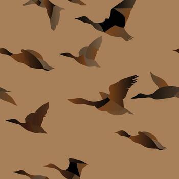 Seamless Japanese papercut duck pattern in warm brown and black tones. Flying birds create a rhythmic, natural design with layered textures for modern surface prints. vector