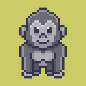 Charming gorilla character designed in retro pixel art style. This cute 8-bit ape features a gentle smile and powerful build, making it a perfect mascot or character sprite vector
