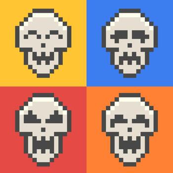 A set of four expressive skull characters in a retro pixel art style. This 8-bit emoji set includes happy, sad, angry, and smiling expressions, perfect for conveying a range of emotions vector